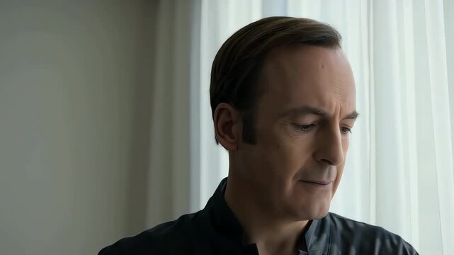 Mature man in dark shirt looking out a window. Side lighting, range of pensive expressions from smiling to serious. Professional indoor environment.