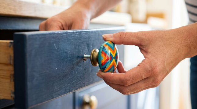 Woman opening a dark blue wooden drawer with a colorful geometric ceramic knob in a modern kitchen, representing home organization and interior design details