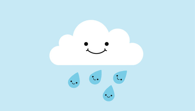Cute cartoon cloud with a happy smiling face raining down four little smiley raindrops over a light blue background.
