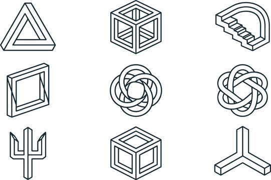 Impossible Geometric Shapes and Optical Illusion Icons Set with Penrose Triangle, Infinite Cube, and Paradoxical Line Art Symbols