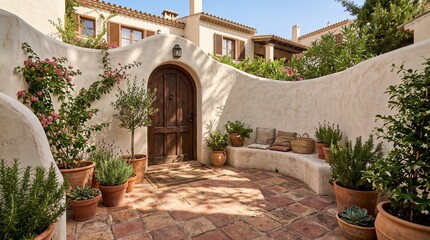 Naklejka premium Charming Mediterranean courtyard entrance bathed in warm sunlight, featuring a rustic arched wooden door, vibrant potted plants, and serene stucco walls, inviting tranquility