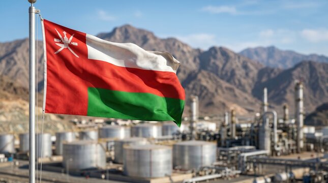 Oman flag waving proudly in front of a modern oil refinery and industrial plant amidst rugged mountain landscape representing energy and economy