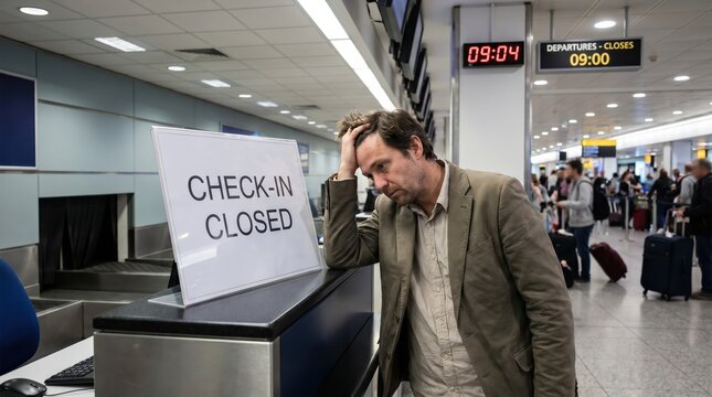 Stressed middle-aged Caucasian man missing flight at airport check-in desk closed sign representing travel delay anxiety and missed vacation