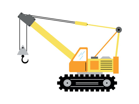 Colorful crawler crane with tracked base, lifting boom, cables and hook isolated on white background