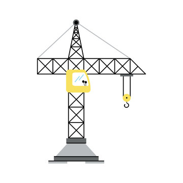 Minimal tower crane with lattice mast, horizontal jib, operator cabin and lifting hook, isolated on white background for construction themes.