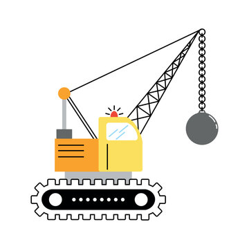 Colorful crawler crane with lattice boom and heavy wrecking ball on chain, isolated on white background