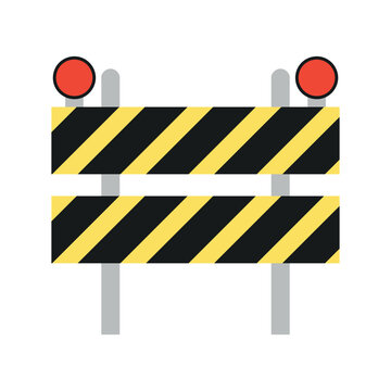 Black and yellow striped construction barricade with red warning lights, isolated on white background for roadwork and safety concepts.