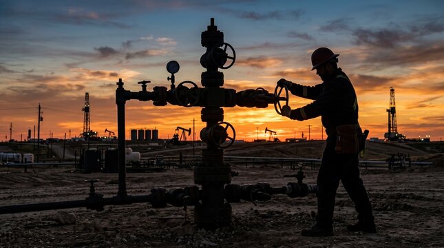 Oilfield worker operating wellhead valve at sunset in oil and gas production facility representing energy industry and fossil fuel extraction operations