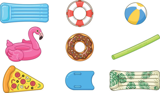 Inflatable Pool Floats and Summer Beach Toys Collection featuring Flamingo, Donut, Pizza, and Mattress Vectors for Vacation Graphics