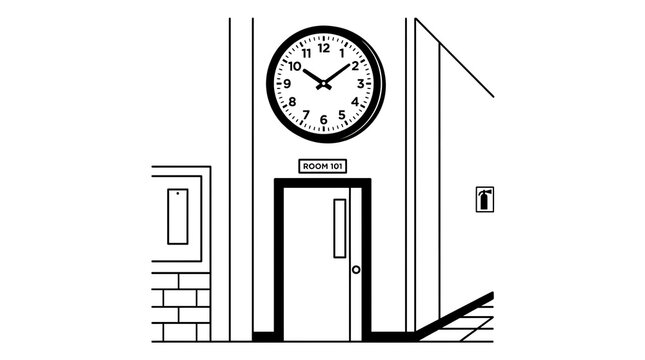 Classic school clock above room 101 door in an interior hallway