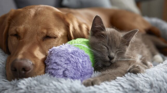 Golden dog and gray tabby kitten curled together on plush pet bed with toys, warm closeup showing peaceful companionship, cozy indoor comfort, soft fur, and relaxed sleep