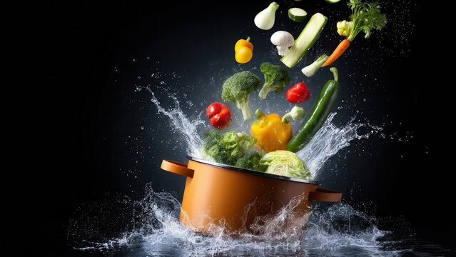 Fresh vegetables falling into cooking pot with splashing water, colorful ingredients, dark studio background and dramatic motion for healthy meal preparation concept