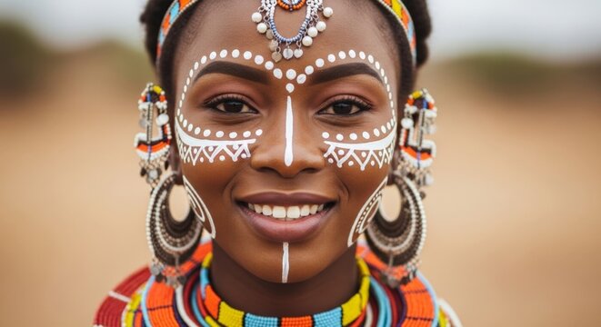 Portrait of a smiling African woman wearing white face paint, colorful beads and traditional jewelry