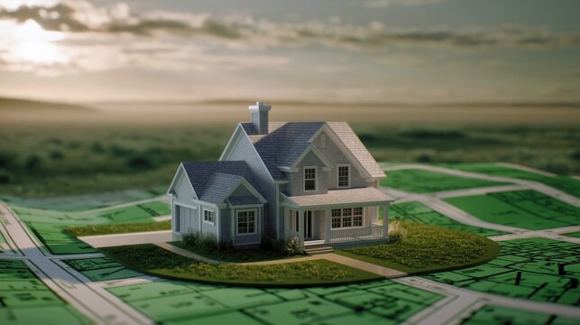 Scale model detached house on grassy plot beside rolled architectural blueprints, showing property planning, site layout, and residential development under warm morning sunlight