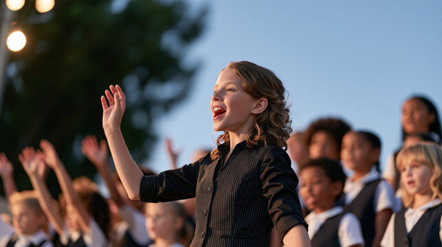 A multicultural children choir rehearses under twilight blue hour open sky at an outdoor amphitheater, choir director guiding small hands raised mid-note, the group spanning