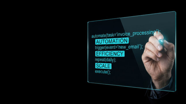 Hand writing automation code on transparent screen with business technology concept and software process keywords