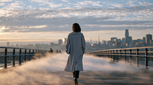 Productivity coach walking alone through early morning mist on an empty city footbridge, a rare disease patient advocacy binder tucked under one arm, earpiece in, purposeful