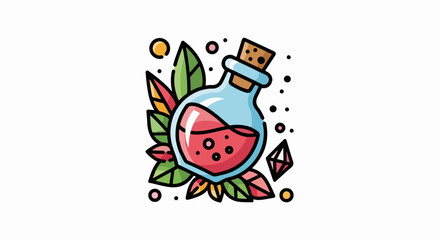 Fototapeta premium Colorful potion bottle with glowing liquid and leaves