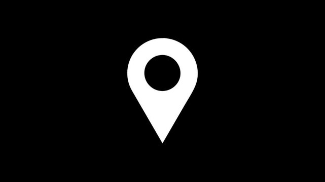 Animated map pin location icon motion graphic on a black background and green screen overlay. White GPS marker navigation symbol.