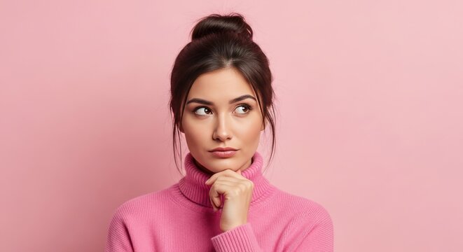 Thoughtful woman in pink turtleneck looking aside