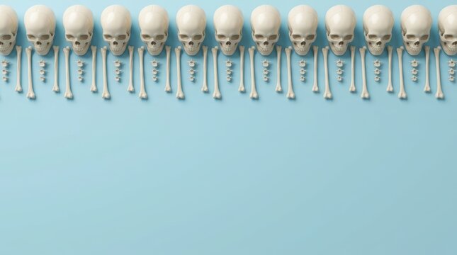 A row of human skulls and bones arranged in a line on a flat light blue background for a spooky concept