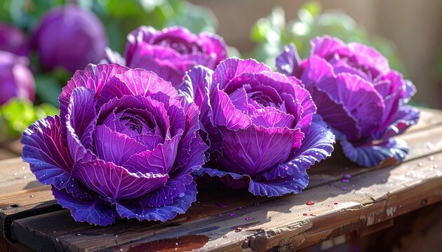 Vibrant purple ornamental cabbage flowers on rustic wood.