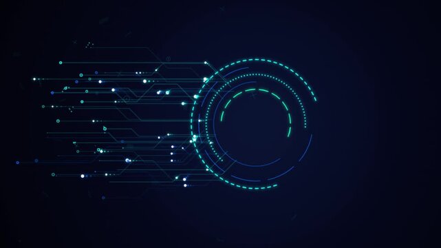 Digital circuit board hud interface with glowing data streams and circular tech motion