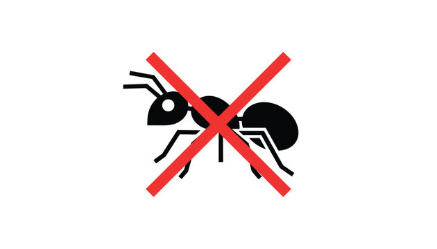 Insect pest control symbol depicting a black ant silhouette crossed out with a bold red cross sign on a white background.