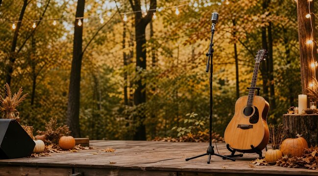 outdoor acoustic music performance setting with guitar and microphone stand surrounded by autumn forest