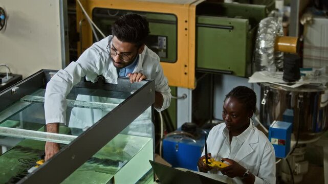 Multiethnic young adult scientists testing yellow underwater robotic drone in water tank. High angle shot suitable for marine engineering, robotics research, and STEM education promotions