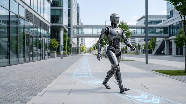 An advanced humanoid robot walking along a modern city street surrounded by contemporary glass and steel architecture.