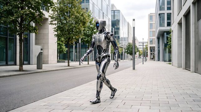 A humanoid robot walks along a modern city street lined with contemporary buildings and trees.