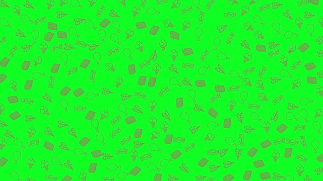 A bright green background filled with a repeating pattern of small, cartoon-style food icons. The icons are outlined in a darker shade and include various popular food items, creating a playful and