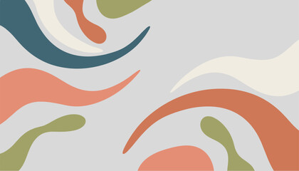 Obraz premium Abstract fluid wave background featuring soft organic shapes in muted terracotta, sage green, cream, and navy blue tones.