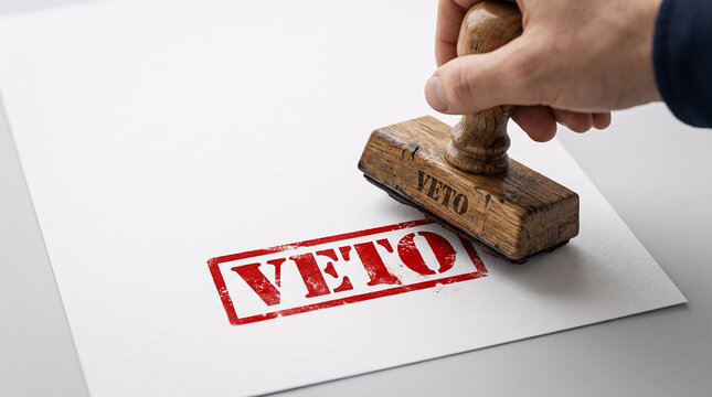 Hand pressing a wooden veto stamp onto a document, symbolizing rejection, refusal, prohibition, and political decision-making
