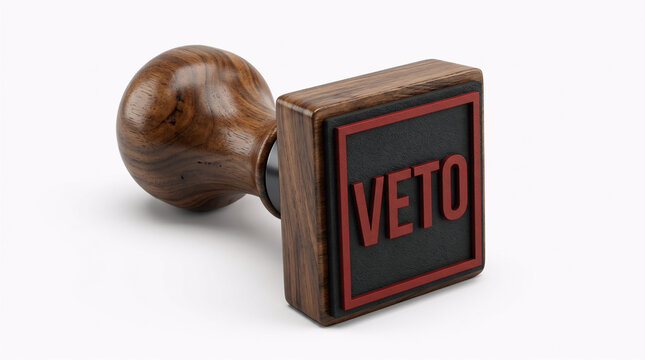 Vintage wooden veto stamp with red ink imprint, symbolizing rejection, prohibition, refusal, and political decision-making