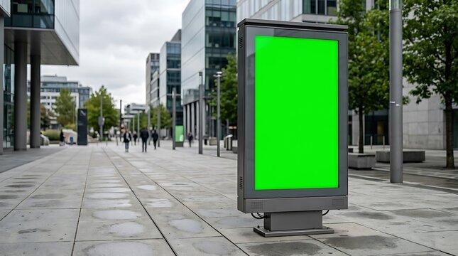 Vertical billboard mockup with green screen on a modern city street for advertising.