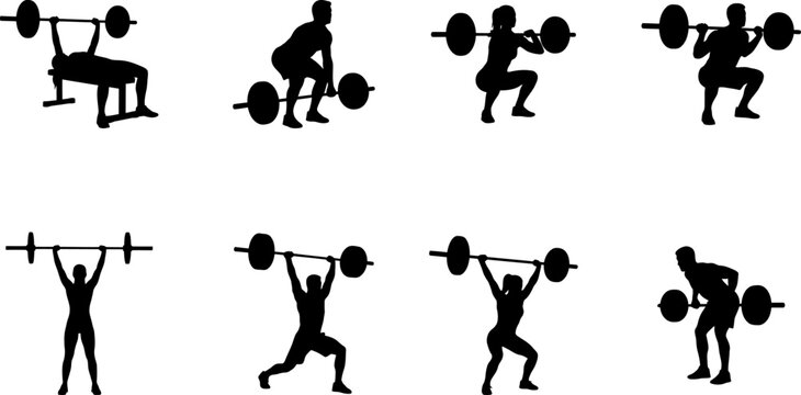 Black silhouette icons of people doing weightlifting exercises