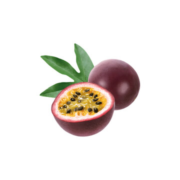 A studio shot of fresh passion fruit on a clean white background, featuring one whole purple fruit and one sliced in half to reveal its juicy yellow pulp and dark edible seeds, accented by a cluster o