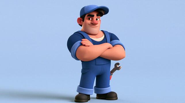 A confident male mechanic, 3D cartoon style