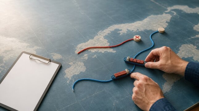 supply chain management logistics risk management. Hands holding toy submarines on a world map with a compass and clipboard, symbolizing strategic planning.