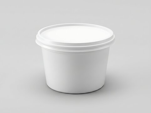 Small white plastic food container with a closed lid for yogurt or ice cream product packaging mockup. cottage cheese container