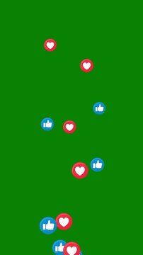 Animated social media like thumbs up and red heart emoji icons rising upward on green background overlay