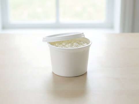 Fresh cottage cheese in a white plastic container with a lid open on a wooden table in the kitchen. cottage cheese container