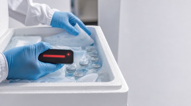 supply chain management logistics risk management. Scientist in gloves handling frozen samples in a lab freezer with a digital thermometer.