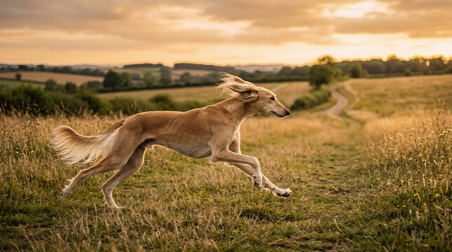 Greyhound dog running across a grassy countryside field at sunset, capturing speed, freedom and motion in a beautiful rural landscape