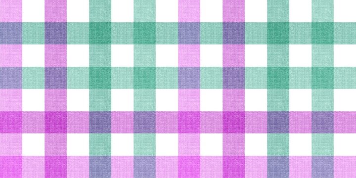 Seamless green and purple gingham plaid pattern with woven linen fabric texture. Purple and green checkered tartan pattern background.