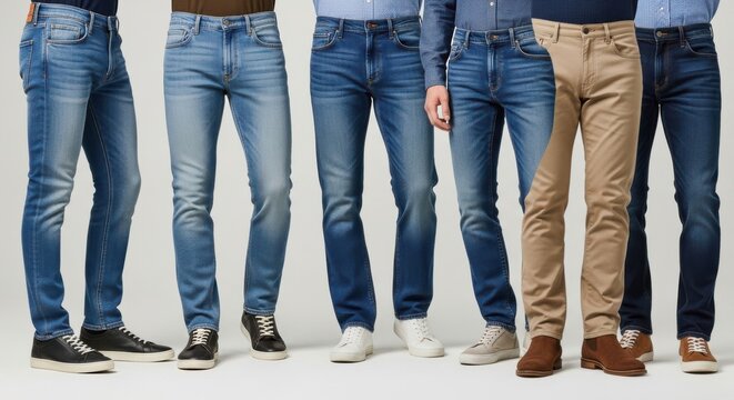 Six men standing in a row wearing different styles of denim jeans and pants, showcasing various casual outfits against a plain background