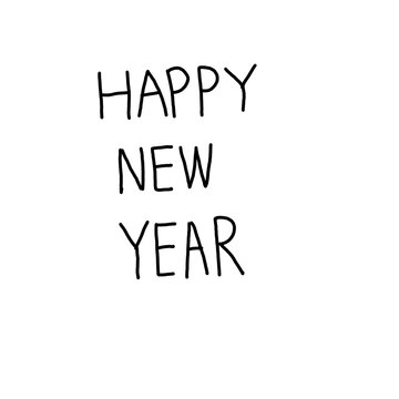 Cute hand drawn Happy New Year text doodle isolated on transparent background. New Year greeting lettering line art vector illustration.