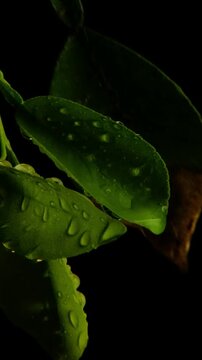 Macro close up of wet green leaves and water rain drops isolated on black 24fps 2160p
